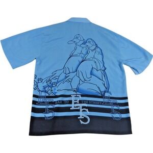X Prime Elvis Presley Bowling Shirt Men 2XL Blue Striped Short Sleeve Graphic Up